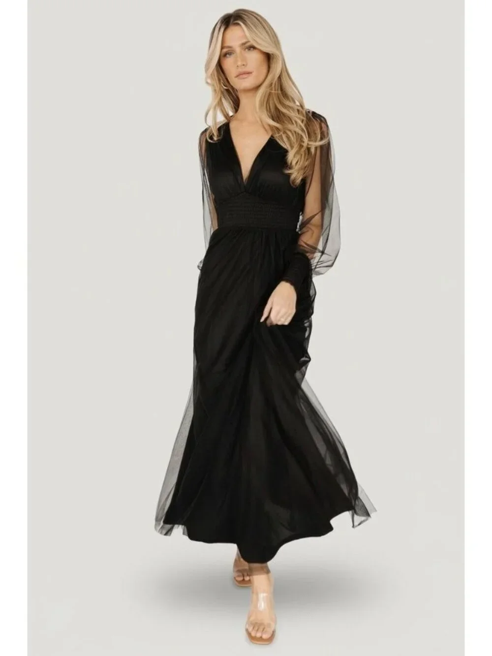 NEW Baltic Born Size Medium Black Tulle Maxi Dress Long Sleeve - Picture 4 of 14